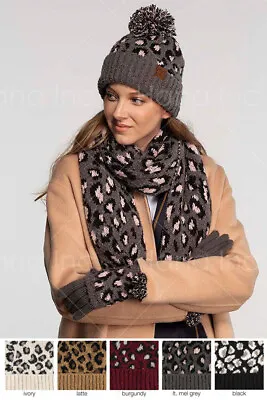 Buy C.C 3pc Women Trendy Animal Leopard Jacquard Knit Beanie Gloves And Scarves Set • 52.74£