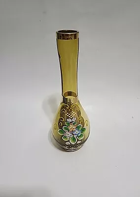 Buy Vintage Exquisite Czech Bohemian Amber Glass Vase Hand Blown & Painted 8  Gold • 27.28£