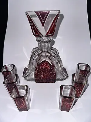 Buy Red Bohemian Art Deco Glass Decanter With Stopper And Liqueur Service 6 Glasses • 283.67£