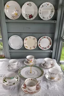 Buy Pretty Vintage Mixed China  Tea Set, 6 Trios, 1 Cake Plate/ Stand. Vg Condition* • 14.99£