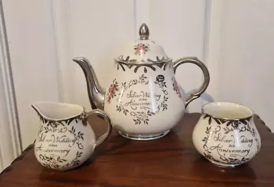 Buy Vintage Arthur Wood Silver Wedding Anniversary Teapot Milk Jug & Sugar Bowl Set • 29.50£