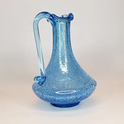Buy Pilgrim Art Glass Blue Crackle Small Bud Vase Pitcher Ruffled Edge Handled VTG • 12.46£