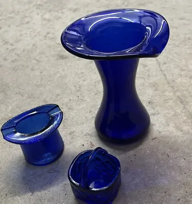 Buy Lot Of 3 Vintage Cobalt Blue Glass Jack In The Pulpit Vase, Ashtray, Basket • 18.54£