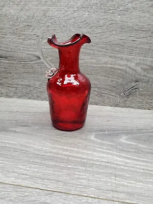 Buy Vtg Red Crackle Glass Vase Pitcher Blown Art Applied Handle Kanawha Dunbar • 27.32£