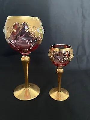 Buy 2 Cranberry Bohemia Wine Glasses With Gold Stems And Raised Encusted Flowers • 23.72£
