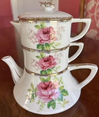 Buy Vintage Stacking Teapot Set Roses Sugar Bowl Creamer Hand Painted • 18.97£
