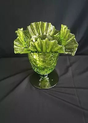 Buy Vintage Blenko 8  Tall Footed Vase Green Ruffle Rim Crackle Glass • 42.89£