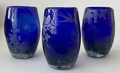 Buy 3 Vintage Czech Etched Art Glass Crystal Cobalt Blue . Hand Blown. • 38.36£