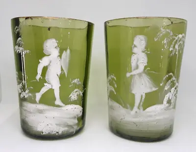 Buy 2 Antique Victorian Olive Green Mary Gregory Glass Tumbler Glasses White Enamel • 22.99£
