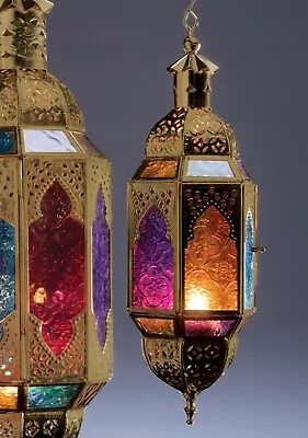 Buy Moroccan Hanging Multi Coloured Glass Lantern Tea Light Candle Holder Home Gift • 26.50£