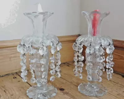 Buy Antique / Pair Of Clear  Cut  Glass Candle Holders With Faceted Cut Glass Drops • 9.99£