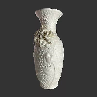 Buy Vintage Belleek Style Porcelain Vase W Applied Rose Relief Quilted Lattice • 9£