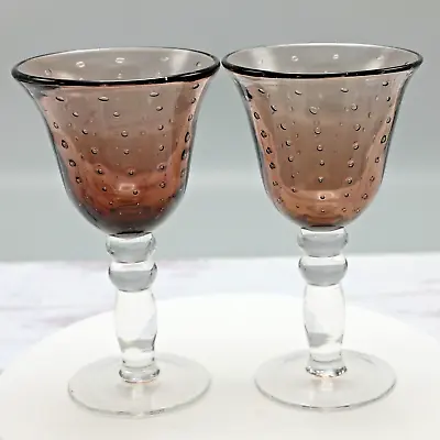 Buy Burgundy Glass Coloured Biot Bubble Glass Goblets Wine Glasses Pair Hand Blown • 15.46£