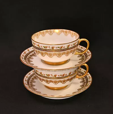 Buy JPL Pouyat Limoges 2 Cups & Saucers Brown Acorns W/Gold 1900-1920 Hand Painted • 77.19£