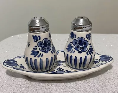 Buy Vintage D.P. Delft Blue And White Salt/pepper Shakers With Tray Made In Holland • 16.10£