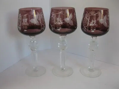 Buy Set Of 3 Purple Floral Etched Glass Cut Crystal Wine Glasses Clear Stems CZECH • 46.30£