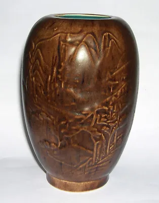 Buy Vintage Canada Goose Pottery - Dark Brown Woodgrain Vase With Blue Interior. • 30£