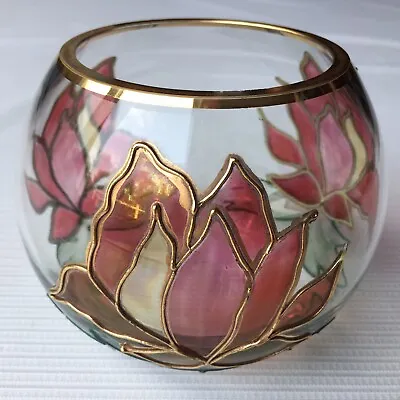 Buy Glass Candle Holder Round Colored Art Glass Floral Flower Poinsettia Christmas • 14.23£