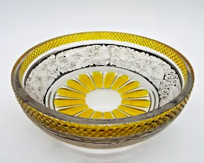 Buy Vintage Cut Crystal Bowl With Black Etched Floral Decoration & Yellow Trim • 16.95£