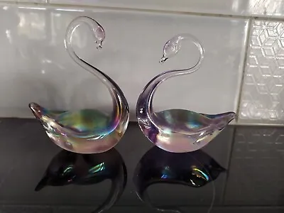 Buy VINTAGE PAIR Of HERON GLASS  MULTI COLOURED IRRIDESCENT GLASS SWANS • 18.99£
