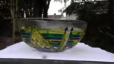 Buy Glass Fruit Bowl With Applied Colour Blue Green Yellow To Outside 23cm • 2£