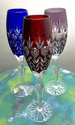 Buy 👀 3- Antique Crystal Bohemian Cut To Clear Champagne Glasses Red Blue Purple • 85.06£