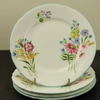 Buy Vintage Shelley Wild Flowers 4xTea Side Plates 15cm 6 Inches #13668 Blue • 28£