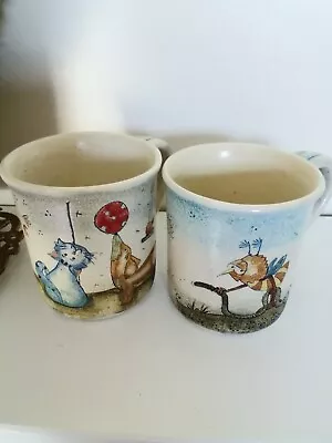 Buy Set Of Two Pottery Mugs Signed Hand Painted Animals Beautiful Match Together  • 22.50£