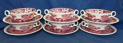 Buy 6 Pink Red Copeland Spode's Tower Flat Cream Soup Bowl And Saucer Set Oval Mark • 94.71£