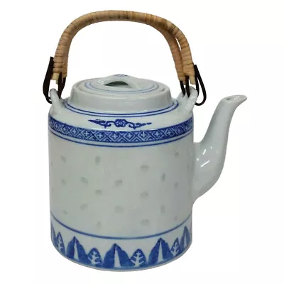 Buy Chinese Teapot - Blue And White Rice Pattern - Cane Handles - 1250ml • 23.50£