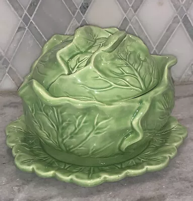 Buy Large 3 Pc Green Cabbage Ware Lettuce Bowl W/Lid 5.75”T 7”D Holland Mold • 52.95£