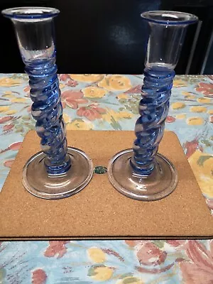 Buy Antique PAIR Blue Hand Made URANIUM Glass Candlesticks RARE • 45£