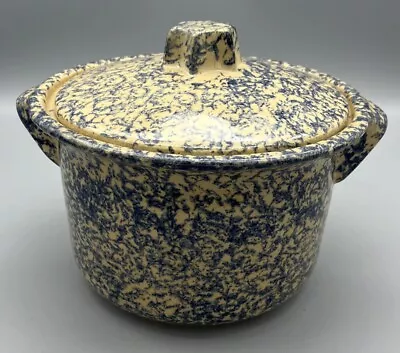 Buy R.R.P. Co. Roseville, Ohio Blue Spongeware Stoneware Dutch Oven Crock Bowl W Lid • 21.12£
