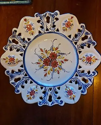 Buy Vintage Portuguese Pottery Plate Hand Painted Floral Reticulated Edge 33cm • 11.50£