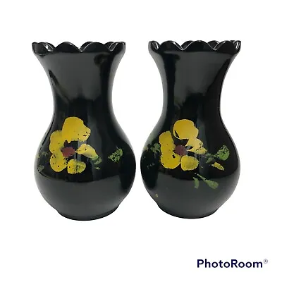 Buy Vintage Black Amethyst Glass Vase Hand Painted Floral 6 1/4” SET OF TWO • 12.68£