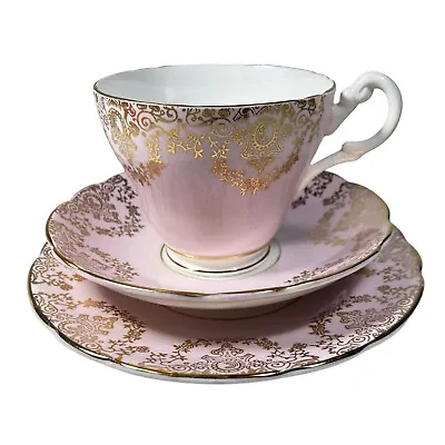 Buy Vintage Tea Trio Cup Saucer Plate Regency Bone China Pink White Gold • 12.99£