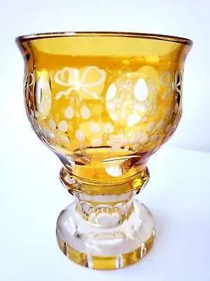 Buy Antique Bohemian Amber Glass Overlay Cut To Clear Engraved Art Deco Vase Chalice • 69£