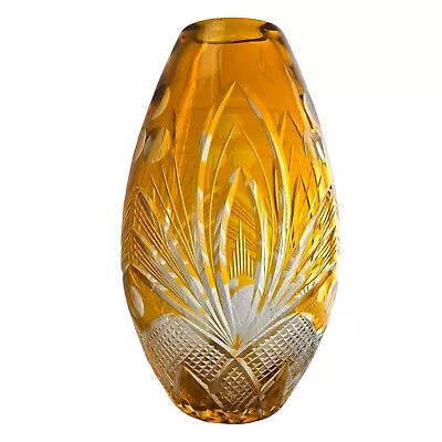 Buy Vintage Cut To Clear Amber Glass Vase Bohemian Crystal Yellow Cut Glass 10  • 66.29£