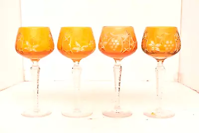 Buy Set 4 Bohemian Czech Cut To Clear Yellow Wine Hocks Goblets Crystal Glasses • 197.96£