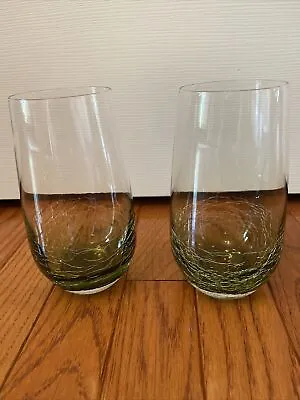 Buy Pier 1 Olive Green Crackle Glass Tall Tumblers Highballs Set Of 2 Blown Glass 6” • 23.66£