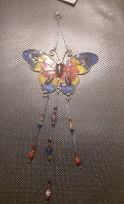 Buy Vibrant Beautiful Butterfly Suncatcher With Hanging Bead Stained Glass Effect  • 7.99£