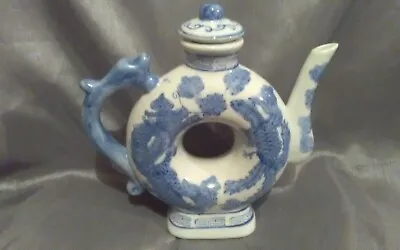 Buy Chinese Blue And White Unusual Circle Dolphin Handle Tea Pot • 15£