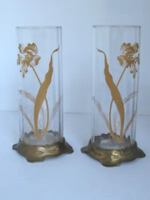Buy Antique Pr. Art Nouveau French Saint Louis Crystal Gilded Glass Vases Metal Base • 332.06£