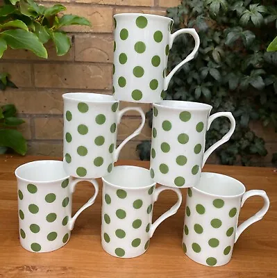 Buy Set Of 6 Fine Bone China Spotty Mugs Polka Dots Green White Coffee Tea Mugs Set • 23.99£