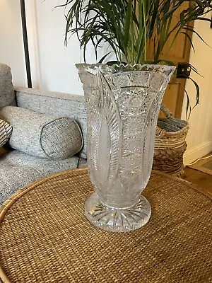 Buy Vintage Antique Heavy Lead Cut Crystal Clear Vase Hand-Cut Tall Fan 36cm X 20cm • 45£
