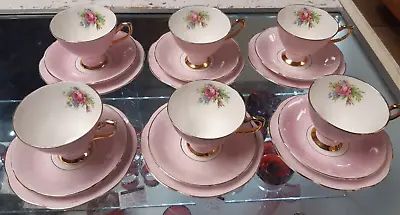 Buy Vintage Set Of 6  Ashley  Pink China & 22Kt Gold Cups, Saucers & Cake Plates A/F • 45£