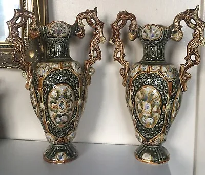 Buy Antique Pair Pos’ Austrian Art Nouveau Majolica Vases . Large 14” Tall • 160£