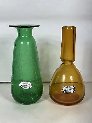 Buy VTG Pair Rainbow Glass Vases Green Amber Hand Blown Crackle • 23.79£