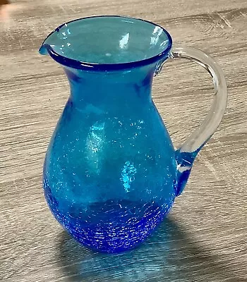 Buy Retro Hand-blown Crackle Glass Pitcher Miniature, Blue With Clear Applied Handle • 19.13£