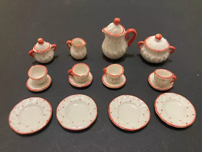 Buy Antique Vintage Miniature Dolls House Tea Set Red And Cream Polka Dots 19 Pcs • 10£
